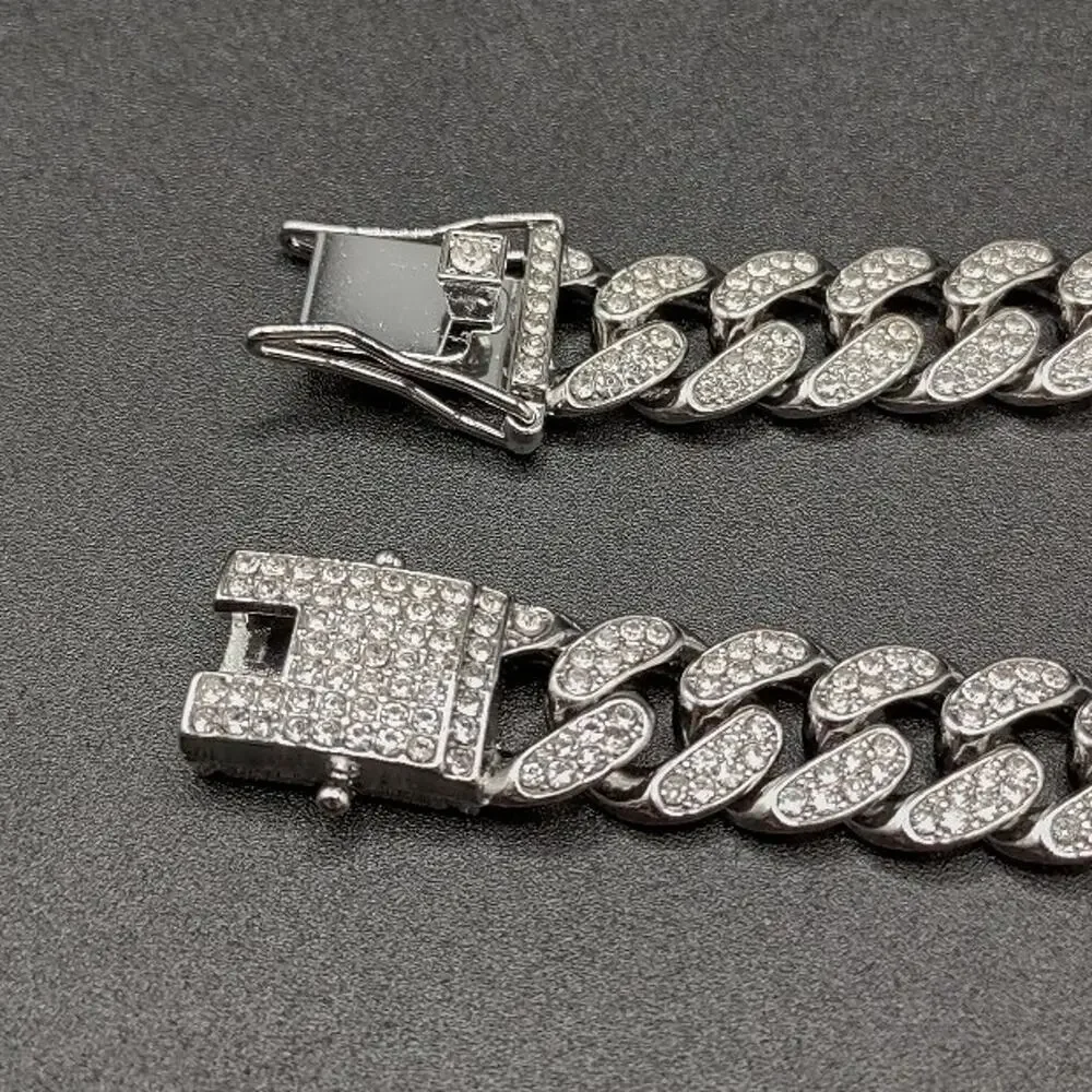 Silver Plated Necklace Miami Cuban Iced Out 12mm Chain CZ Diamonds Jewelry NEW!
